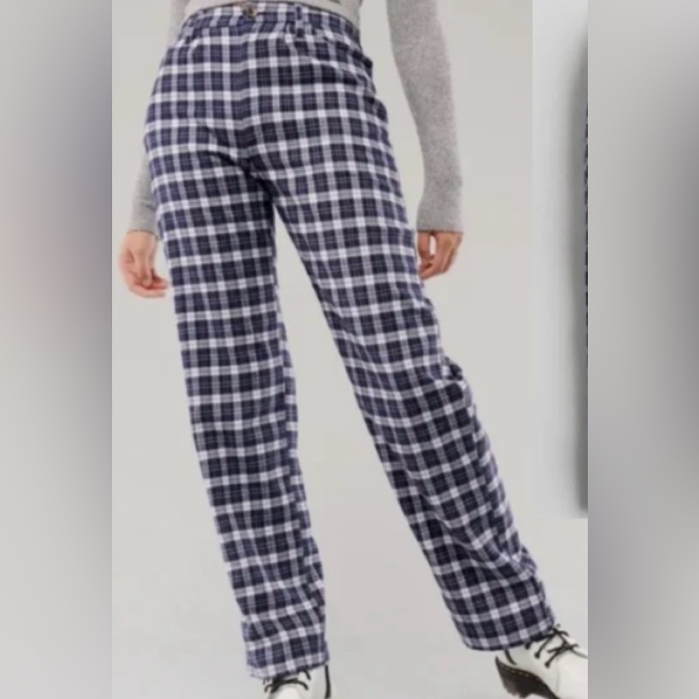 Hollister Women's Ultra High Rise Dad Pant Size 7R Blue White Plaid‎ Flannel